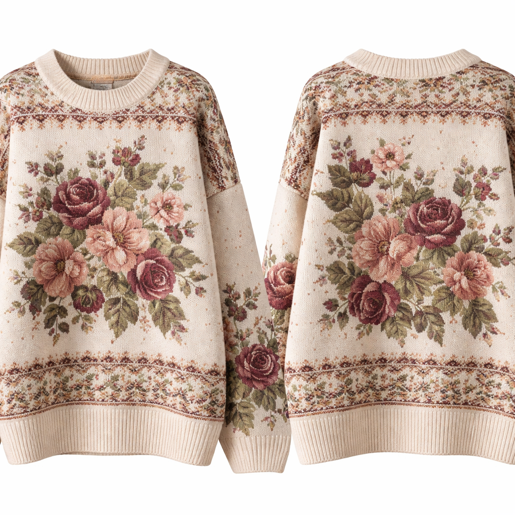 Maglia girocollo jaquard floreale invernale
Maglia girocollo jaquard floreale invernale
, show front and back