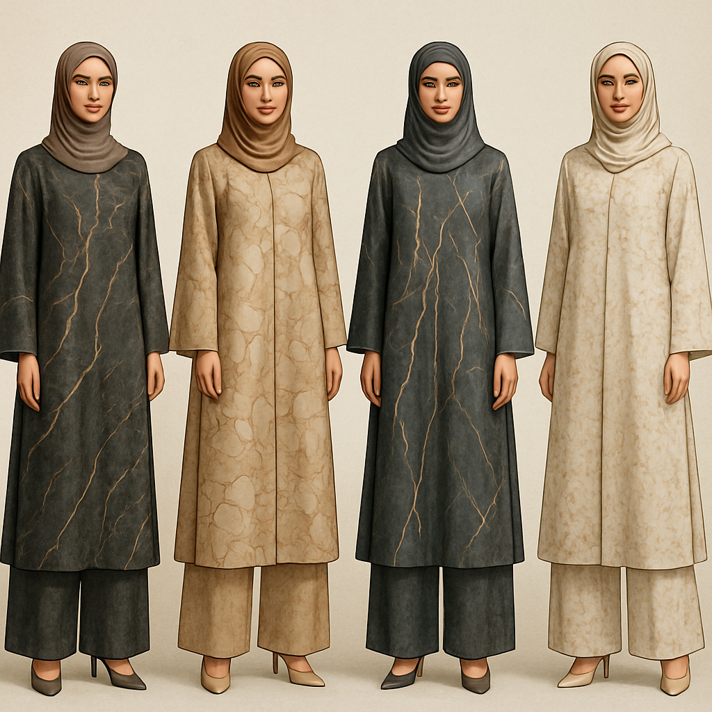 Create a modest abaya and loose pant, first of its kind, featuring a unique stone design that exudes a classy and sophisticated vibe. I'd like four designs, each showcasing different styles and fabrics. Incorporate high-end, unique chic stone designs to make them truly special. Add little sophisticated stone designs. Make it irresistible!

Create a modest abaya and loose pant, first of its kind, featuring a unique stone design that exudes a classy and sophisticated vibe. I'd like four designs, each showcasing different styles and fabrics. Incorporate high-end, unique chic stone designs to make them truly special. Add little sophisticated stone designs. Make it irresistible!