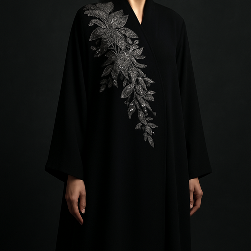The Platinum Night Bloom Abaya
Tone: Midnight black or midnight grey
Design:
Asymmetric platinum floral embroidery concentrated on one shoulder.
Embellishment:
Platinum crystals giving a cool, expensive shimmer.
Vibe: Cold luxury, bold and unforgettable.