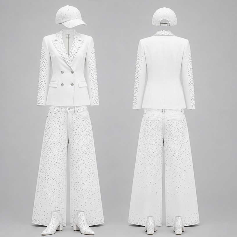 Make this in white
edit the attached fashion design with these instructions: Make this in white. keep it photorealistic, just the design no text
