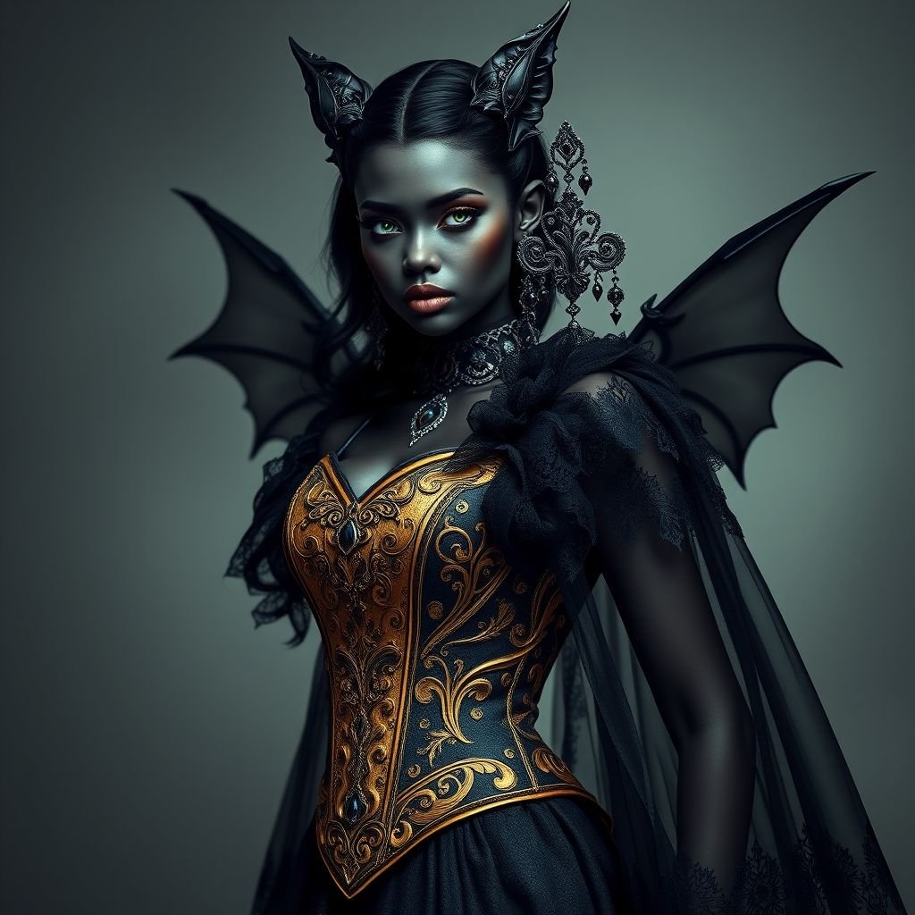 Create a black-skinned model, with a long tail and green eyes, using a golden baroque brocade corset and super-large baroque-style earrings.
Design a striking gothic ensemble featuring a black-skinned model with a long, elegant tail and captivating green eyes. Adorn her in an intricate golden baroque brocade corset, accentuating her silhouette, paired with oversized baroque-style earrings that cascade like dark, ornate chandeliers. Add a dramatic sheer black lace cape for a hauntingly beautiful finish.