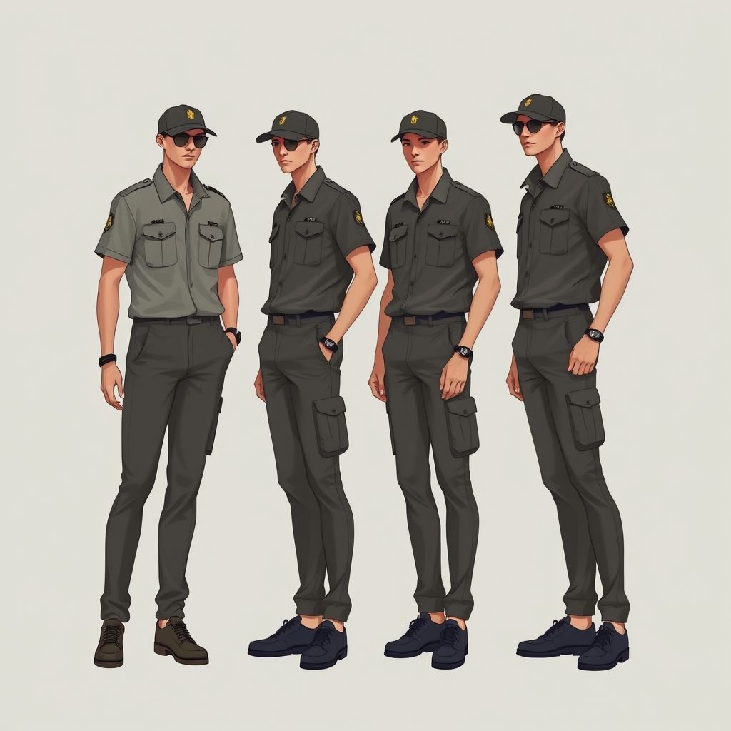 Design a sleek male uniform of an investigation agency in a hot and humid climate
Design a sleek male uniform for an investigation agency, tailored for hot and humid climates. The ensemble should feature lightweight, breathable fabrics in a muted palette, with short sleeves and moisture-wicking technology. Incorporate utility pockets for practicality, a fitted cap for sun protection, and smart yet functional footwear suitable for fieldwork.