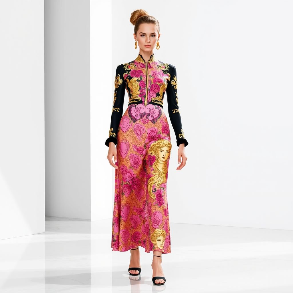 Сделай дизайн абаи с мотивами Versace и абая должна быть как накидка
Создай абаю в стиле кутюр, вдохновленную яркими мотивами Versace. Она должна быть как накидка, свободно свисающая с плеч и украшенная крупными барочными узорами и золотыми акцентами. Добавь роскошный пояс, контрастирующий по цвету, и длинные струящиеся рукава, создавая элегантный и смелый силуэт, подчеркивающий индивидуальность.