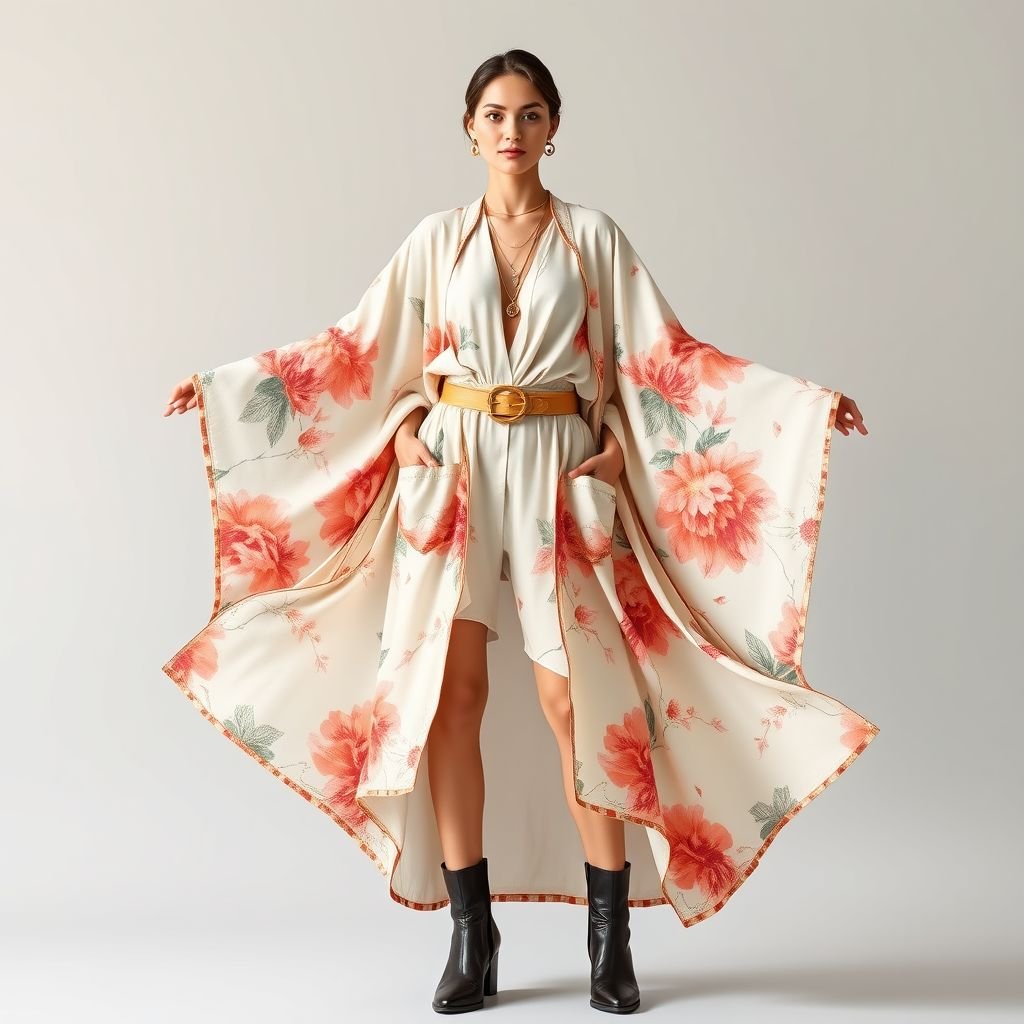 Long simple kimono with long sleeves
Design a flowing, long kimono with wide, dramatic sleeves, crafted from soft pastel fabric featuring abstract floral prints. Incorporate millennial aesthetics by adding a cinched waist with a chunky belt and side pockets. Accentuate the look with layered dainty gold necklaces and sleek ankle booties for a chic, modern twist.