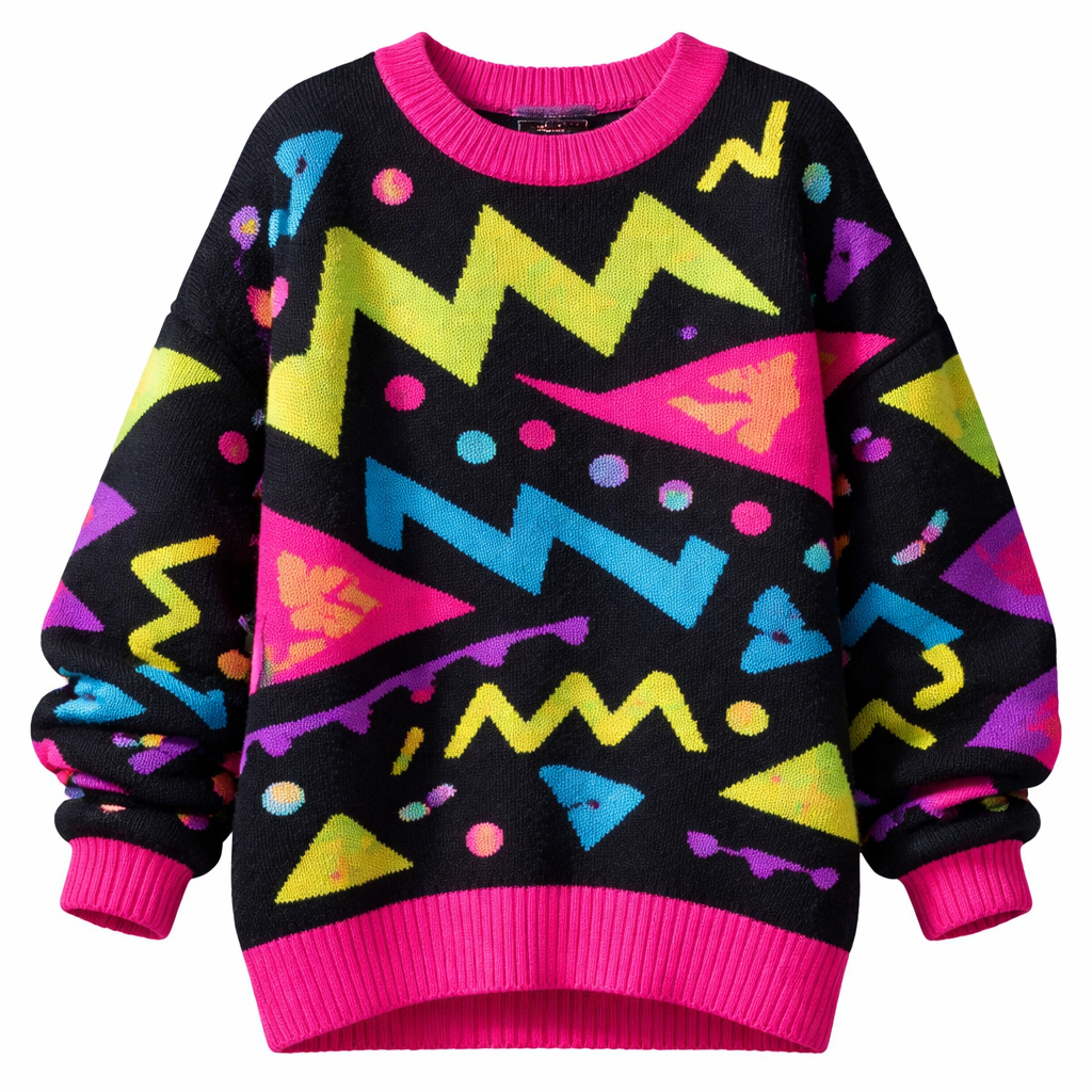 a chunky sweater with neon protein designs. no person. just the sweater.
Eighties fashion design: Chunky cotton sweater featuring bold neon geometric patterns. Oversized fit, dropped shoulders, and a wide ribbed hem.
