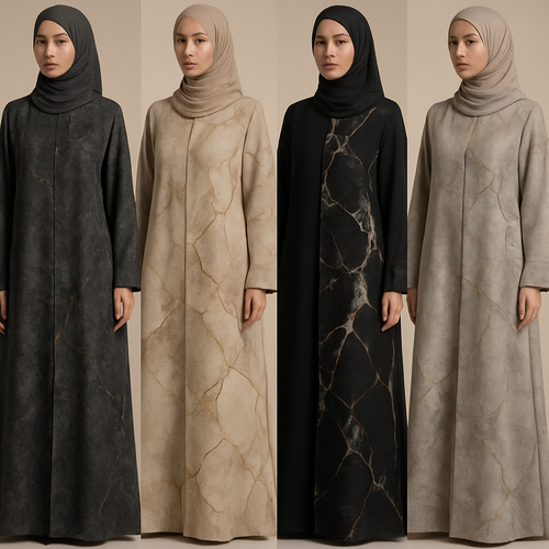 Create a modest abaya that's the first of its kind, featuring a unique stone design that exudes a classy and sophisticated vibe. I'd like four designs, each showcasing different styles and fabrics.
Incorporate high-end, unique chic stone designs to make them truly special.