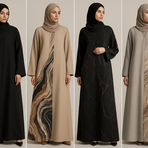 Create a modest abaya that's the first of its kind, featuring a unique stone design that exudes a classy and sophisticated vibe. I'd like four designs, each showcasing different styles and fabrics.
Incorporate high-end, unique chic stone designs to make them truly special.