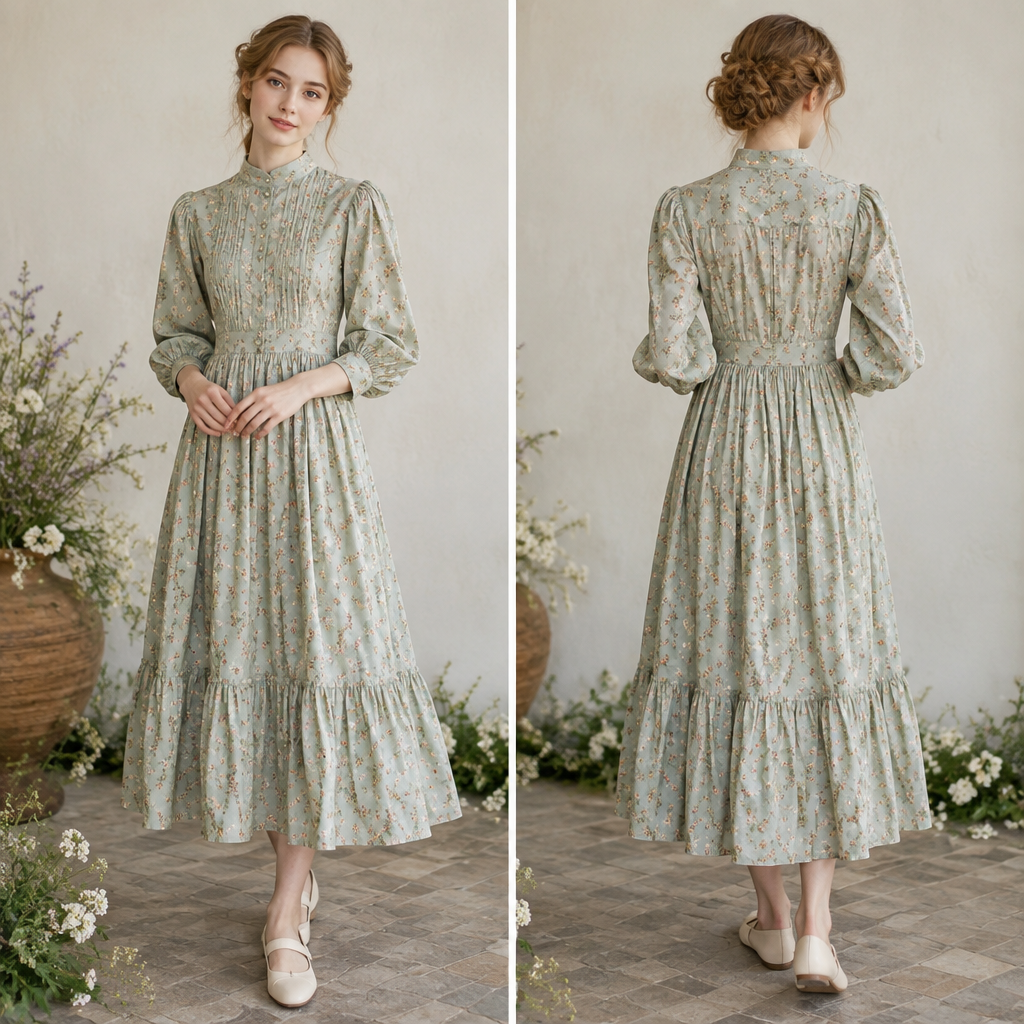 A Female Dress design, made of Cotton, with a sleek, smooth finish, with a Fitted silhouette, with modest, full coverage: longer hemlines, higher necklines and covered shoulders, in a Pastels color palette, suitable for Summer, suited to a Humid climate, in Cottagecore style, shown on a model with fair skin and a petite figure. Russia fashion aesthetics. Present it as professional fashion catalogue photography: the garment is the subject, shown full-length with editorial styling, neutral posing and tasteful, non-suggestive framing.
photorealistic fashion design, A Female Dress design, made of Cotton, with a sleek, smooth finish, with a Fitted silhouette, with modest, full coverage: longer hemlines, higher necklines and covered shoulders, in a Pastels color palette, suitable for Summer, suited to a Humid climate, in Cottagecore style, shown on a model with fair skin and a petite figure. Russia fashion aesthetics. Present it as professional fashion catalogue photography: the garment is the subject, shown full-length with editorial styling, neutral posing and tasteful, non-suggestive framing., cottagecore style, just the design no text, show front and back