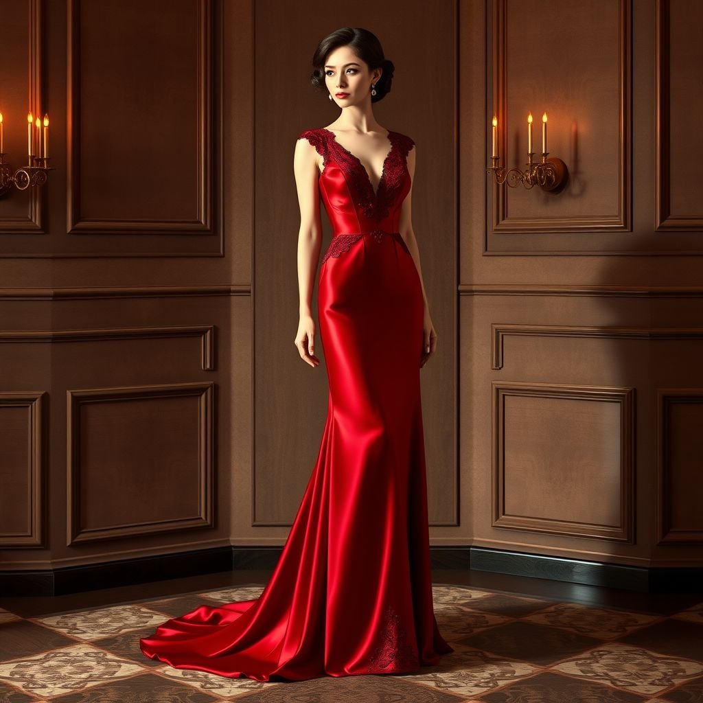 Sexy dinner dress in red very long and has a tail . Shows off a little cleavage and skin. A classic fabric.
Design an exquisite, classic dinner dress in luxurious crimson silk. This sophisticated gown features a dramatic floor-length silhouette with an elegant train, embodying timeless glamour. The plunging neckline subtly showcases a hint of décolletage, while intricate lace detailing adds refinement. Perfectly tailored to enhance the figure, it radiates vintage sophistication and allure.