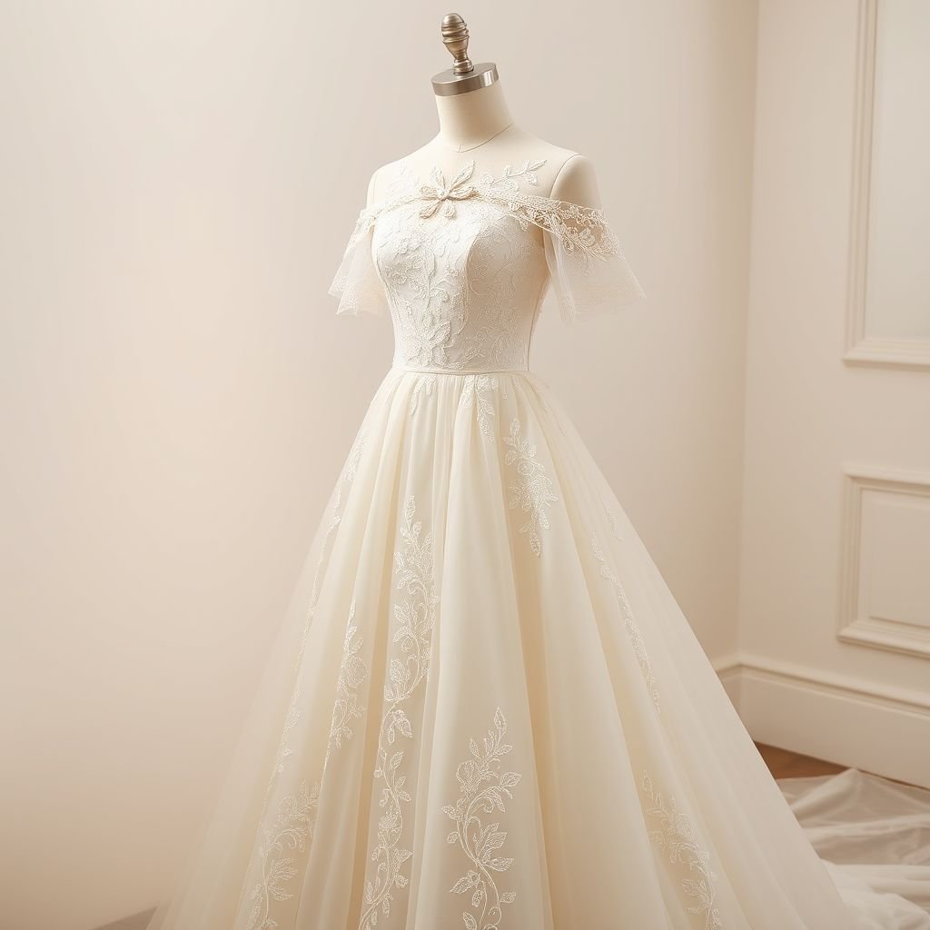 Elegant wedding dress
Imagine an elegant wedding dress, crafted from layers of ethereal silk chiffon and delicate lace. The gown features a fitted bodice adorned with intricate floral embroidery, cascading into a flowing A-line skirt. Off-the-shoulder sleeves accentuate the neckline, while a subtle train adds an enchanting touch, perfect for a fairytale wedding.