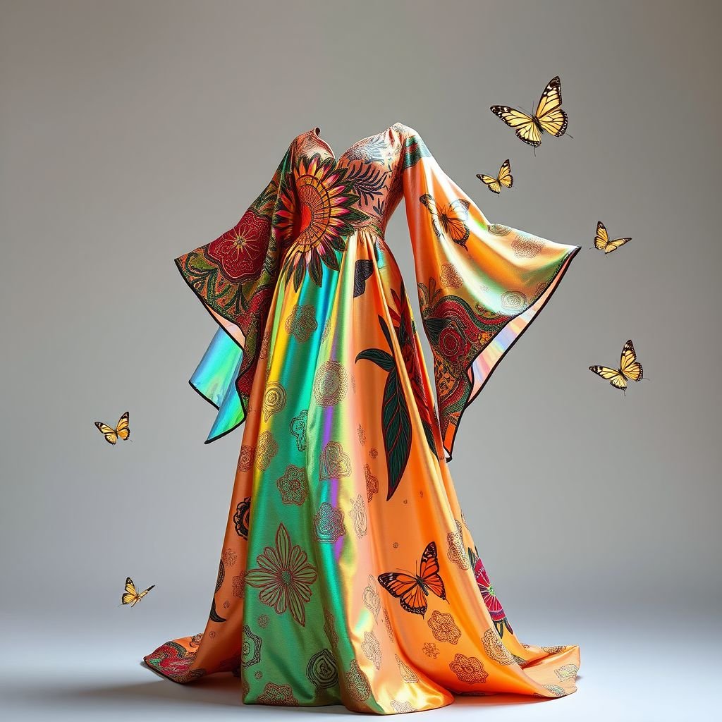 dress with innovative materials that unites various cultures
Envision a dazzling floor-length gown made from an iridescent, eco-friendly fabric, blending traditional Japanese kimono patterns with vibrant African batik prints. The bodice features intricate laser-cut motifs inspired by Native American textiles. Flowing sleeves made of lightweight, biodegradable material flicker like butterflies, symbolizing global unity and cultural harmony in fashion.