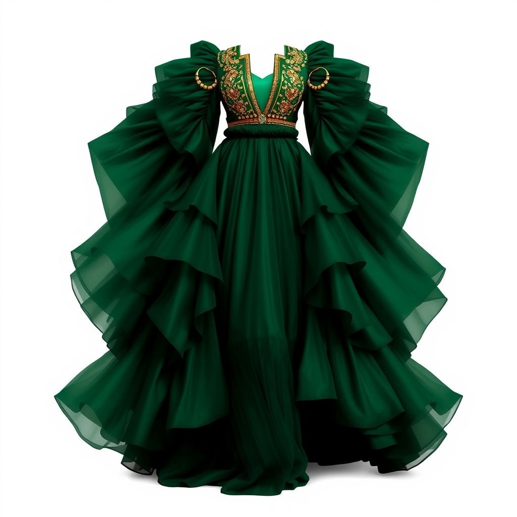 Create a woman’s kaftan that would wow. Add layers of fabric to create a big skirt but also add structure by ruching the waist. Give it a low neckline, and a monochrome hunter green color. Add details of ruched tulle and an accent of 6 inches ab crystals on a gold and green base to create a luxurious detail to the dress. The base fabric is duchess satin in hunter green
Design a stunning Afrofuturism kaftan for women, featuring a voluminous layered skirt crafted from duchess satin in rich hunter green. The structured silhouette is enhanced by a ruched waist, while the low neckline exudes elegance. Incorporate ruched tulle for texture, and adorn with 6-inch AB crystals set against a shimmering gold and green base, embodying a bold fusion of tradition and futuristic glamor.