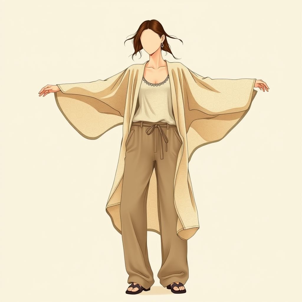 Long simple kimono with long sleeves
Design a casual fashion statement with a flowing, long kimono featuring oversized, airy sleeves. Crafted from lightweight, breathable fabric, it should incorporate a blend of soft pastels and earthy tones with subtle fabric patterns. Pair it with a relaxed-fit, cropped tank top and versatile, wide-legged trousers for effortless, laid-back elegance.