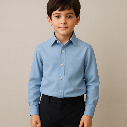 قميص ازرق كمامة مرفوعة شوية
مع بنطلون اسود ونقشة مدرسية بخط رفيع باللون الأسود
الخامة تكون مريحة لأطفال بالمدرسه
وشكل الخامة عامه ما يعطي شعور بالضيق