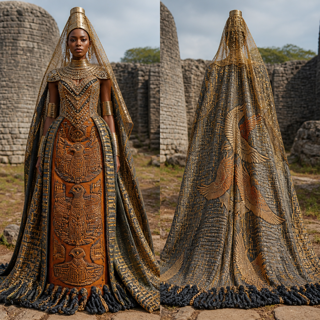 A high-fashion, avant-garde national costume for a Zimbabwean beauty pageant queen, inspired by the ancient stone walls of Great Zimbabwe. The silhouette is sculptural and majestic, resembling the towering granite ruins. The primary fabric is handwoven, textured mud-cloth in warm terracotta and sun-baked stone greys, contrasted with panels of shimmering gold and emerald green—representing the royal trading wealth and the lush Valley of Ruins. The bodice is intricately beaded with over 2,000 tiny metallic gold discs and dark Zimbabwean agate stones, arranged in a chevron pattern mimicking the famous herringbone brickwork of the Great Enclosure. From the shoulders cascades a dramatic, detachable cape woven to resemble the flow of water over a cliff, but upon closer inspection, it is embroidered with the silhouettes of native African fish eagles in mid-flight, their wings extending down the back like a royal train. The sweeping floor-length skirt tells a visual history: it features a repeating, heat-transferred motif of the iconic soapstone Zimbabwe Birds, not as flat prints, but as embossed, raised textures. Woven intricately into the hemline are authentic, sustainable baobab fiber cords, dyed in deep indigo. The headpiece is a modern, sculptural crown of polished brass and recycled copper wiring, shaped like the conical tower, but with a sheer, golden mesh veil falling from it, speckled with small, shimmering beads to represent the ancient royal beads traded from the East. Styled with minimal, earthy makeup, bare shoulders, and authentic brass arm cuffs. The overall effect is powerful, regal, and architectural—turning the model into a living, breathing monument of Zimbabwe's greatest ancient civilization.
---! 🇿🇼. ZW fashion aesthetics.
photorealistic fashion design, A high-fashion, avant-garde national costume for a Zimbabwean beauty pageant queen, inspired by the ancient stone walls of Great Zimbabwe. The silhouette is sculptural and majestic, resembling the towering granite ruins. The primary fabric is handwoven, textured mud-cloth in warm terracotta and sun-baked stone greys, contrasted with panels of shimmering gold and emerald green—representing the royal trading wealth and the lush Valley of Ruins. The bodice is intricately beaded with over 2,000 tiny metallic gold discs and dark Zimbabwean agate stones, arranged in a chevron pattern mimicking the famous herringbone brickwork of the Great Enclosure. From the shoulders cascades a dramatic, detachable cape woven to resemble the flow of water over a cliff, but upon closer inspection, it is embroidered with the silhouettes of native African fish eagles in mid-flight, their wings extending down the back like a royal train. The sweeping floor-length skirt tells a visual history: it features a repeating, heat-transferred motif of the iconic soapstone Zimbabwe Birds, not as flat prints, but as embossed, raised textures. Woven intricately into the hemline are authentic, sustainable baobab fiber cords, dyed in deep indigo. The headpiece is a modern, sculptural crown of polished brass and recycled copper wiring, shaped like the conical tower, but with a sheer, golden mesh veil falling from it, speckled with small, shimmering beads to represent the ancient royal beads traded from the East. Styled with minimal, earthy makeup, bare shoulders, and authentic brass arm cuffs. The overall effect is powerful, regal, and architectural—turning the model into a living, breathing monument of Zimbabwe's greatest ancient civilization.
---! 🇿🇼. ZW fashion aesthetics., just the design no text, show front and back