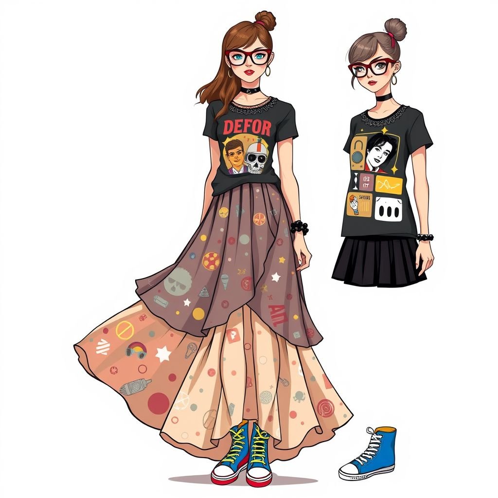 Create me a fashion set with a top and skirt. I want the skirt triple layered. It needs to be a maxi, modest and covered. Unqiue, runway or causal. No nakedness.
Design a chic geek-chic ensemble featuring a triple-layered maxi skirt that flows gracefully to the ankles, adorned with whimsical, retro sci-fi patterns. Pair it with a fitted, graphic tee showcasing iconic pop culture references, embellished with lace accents. Complete the look with quirky oversized glasses and colorful high-top sneakers.