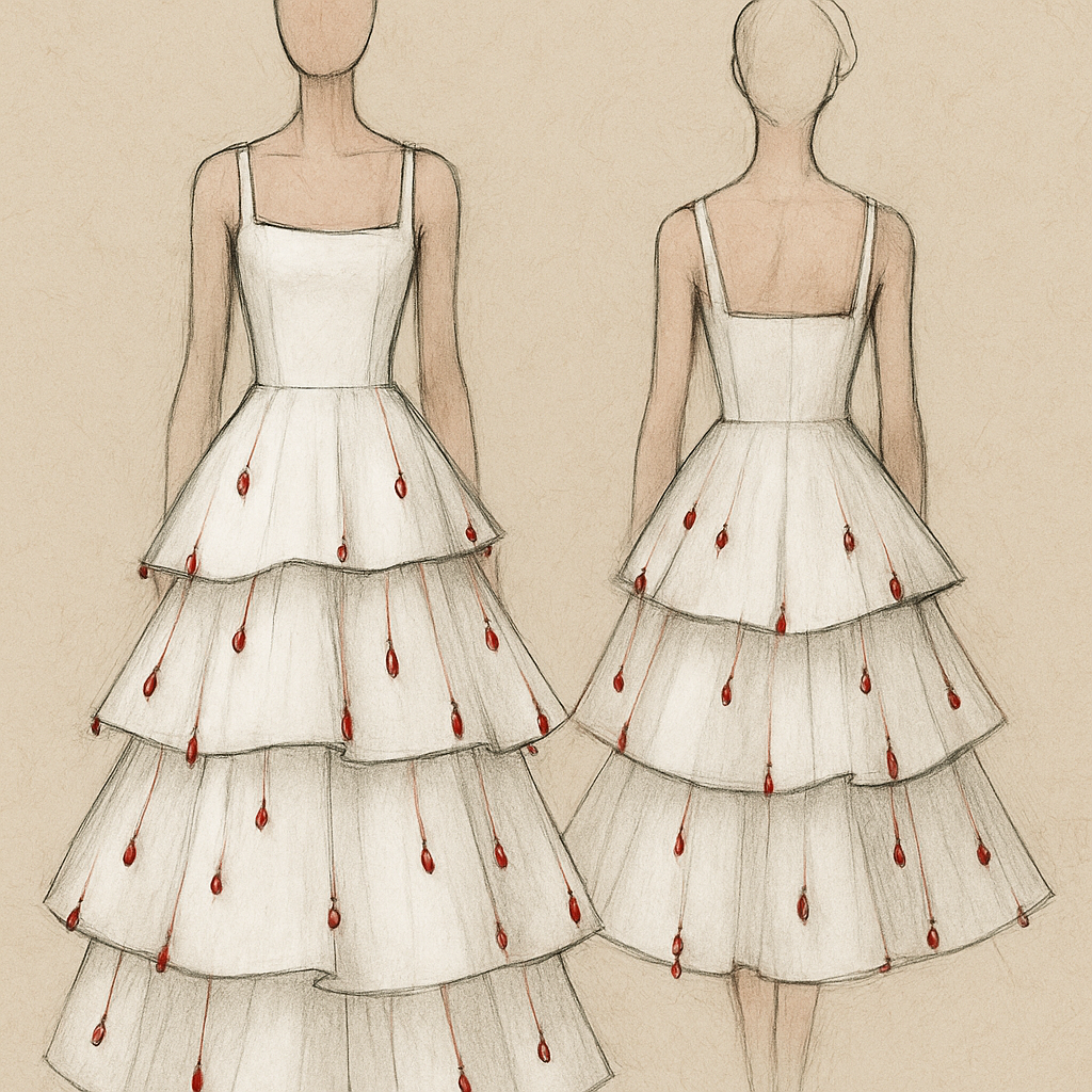 A plan white dress with three step flares.
With red dropping beads attached on the dress
A plan white dress with three step flares.
With red dropping beads attached on the dress
, artsy style, show front and back