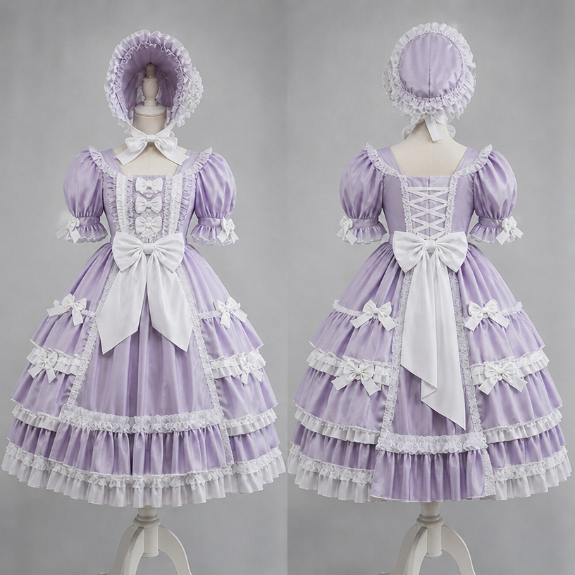 Make the dark purple lace and bows white on the dress and bonnet
edit the attached fashion design with these instructions: Make the dark purple lace and bows white on the dress and bonnet. keep it photorealistic, just the design no text