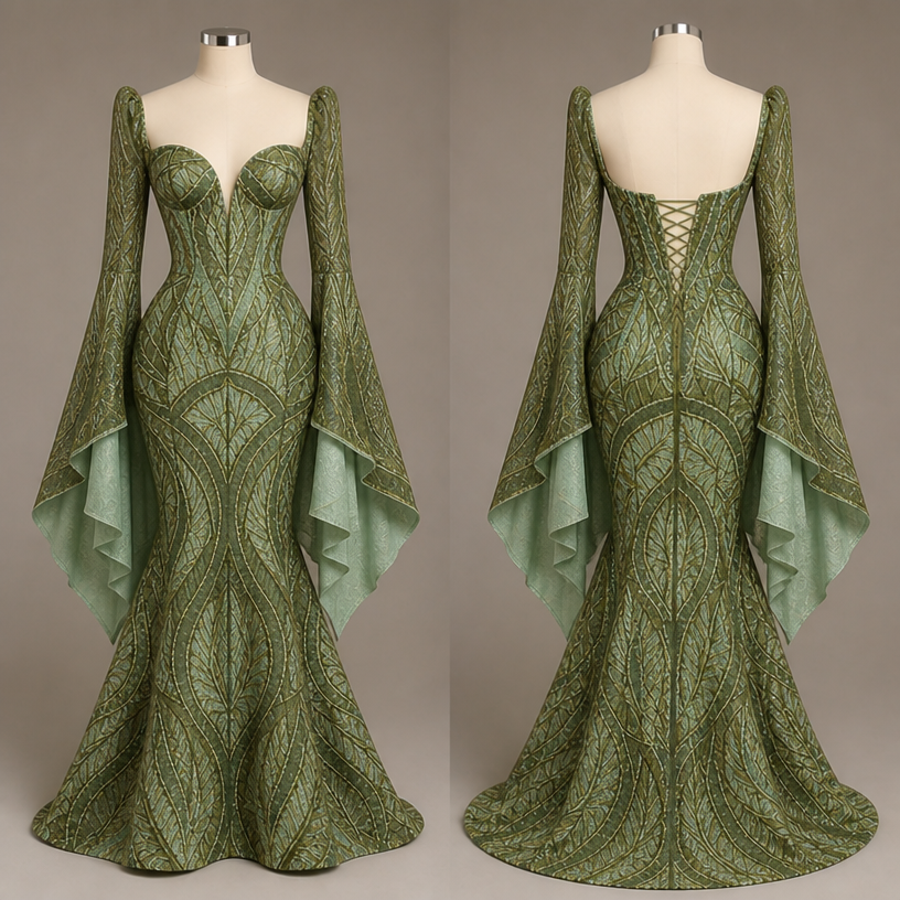 Add a long sleeve bell hand ,color is olive green and mint green
edit the attached fashion design with these instructions: Add a long sleeve bell hand ,color is olive green and mint green. keep it photorealistic, just the design no text
