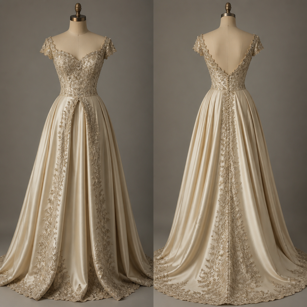 A Female Dress design, in Vintage + Elegant + Glamorous style
photorealistic fashion design, A Female Dress design, in Vintage + Elegant + Glamorous style, vintage style, just the design no text, show front and back