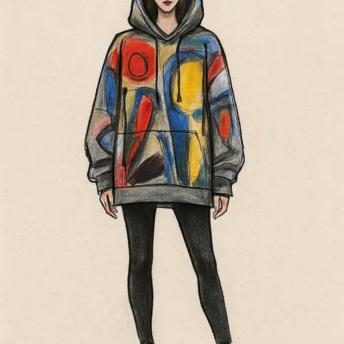Crea un figurino di moda donna con felpa oversize cappuccio e stampa avanguardie 