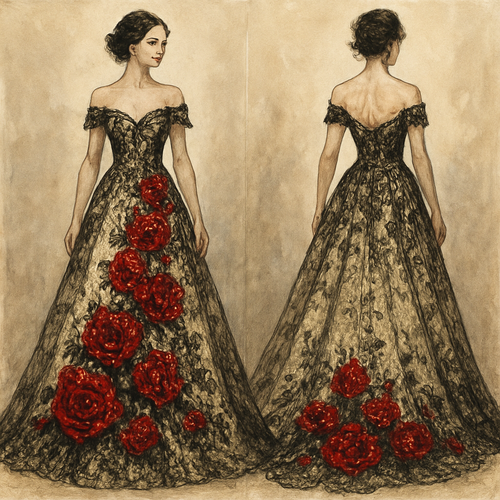 Lace black with champagne underlay wedding dress with off the shoulder sleeves with sequined red roses cascading towards the bottom of the dress.