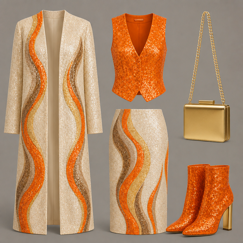 Add a no collar long coat in cream sequin with a orange vest fitted with no sleeves and add a pair of orange sequins boots pointy toe with a square gold heel and a square gold bag with a gold chain .
edit the attached fashion design with these instructions: Add a no collar long coat in cream sequin with a orange vest fitted with no sleeves and add a pair of orange sequins boots pointy toe with a square gold heel and a square gold bag with a gold chain .. keep it photorealistic, just the design no text