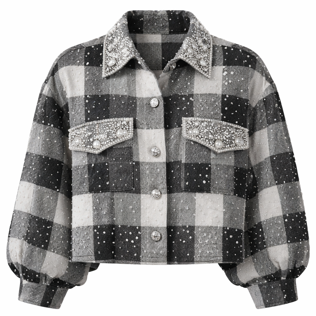 a boxy gray and white black checked shirt with small pearls and diamonds
a boxy gray and white black checked shirt with small pearls and diamonds