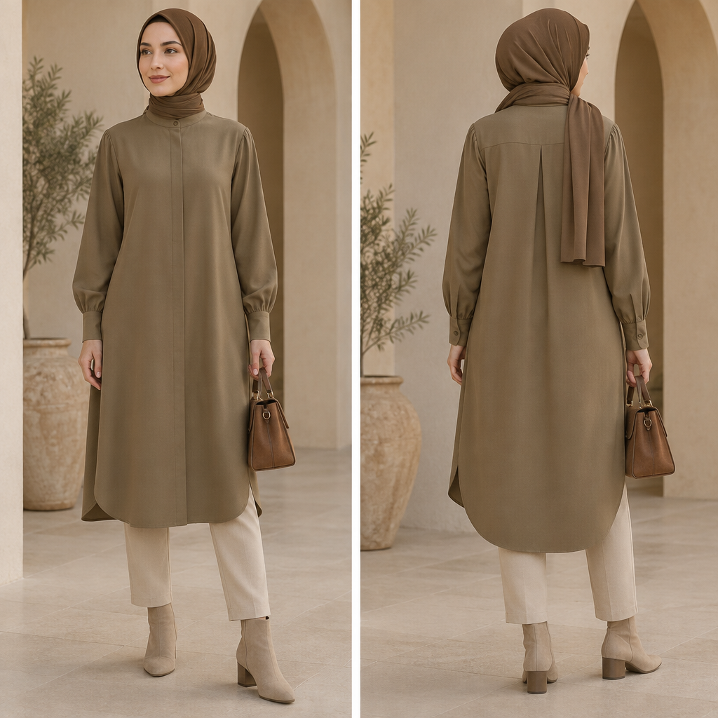 A Female Top design, with a Relaxed silhouette, with modest, full coverage: longer hemlines, higher necklines and covered shoulders, in an Earth Tones color palette, suitable for Fall, in Minimalist + Boho Chic + Preppy Chic style, shown on a model with medium skin tone. rahat, bol hem spor hem şık, günlük hayatta gidebileceğim 36 yaşına uygun tunik tasarımı istiyorum. tunik boyu 115 olacak, oldukça minimal detatlar ve tasarım elegant ve asil bir görünüm olmalı. Turkey fashion aesthetics. Present it as professional fashion catalogue photography: the garment is the subject, shown full-length with editorial styling, neutral posing and tasteful, non-suggestive framing.
photorealistic fashion design, A Female Top design, with a Relaxed silhouette, with modest, full coverage: longer hemlines, higher necklines and covered shoulders, in an Earth Tones color palette, suitable for Fall, in Minimalist + Boho Chic + Preppy Chic style, shown on a model with medium skin tone. rahat, bol hem spor hem şık, günlük hayatta gidebileceğim 36 yaşına uygun tunik tasarımı istiyorum. tunik boyu 115 olacak, oldukça minimal detatlar ve tasarım elegant ve asil bir görünüm olmalı. Turkey fashion aesthetics. Present it as professional fashion catalogue photography: the garment is the subject, shown full-length with editorial styling, neutral posing and tasteful, non-suggestive framing., minimalist style, just the design no text, show front and back