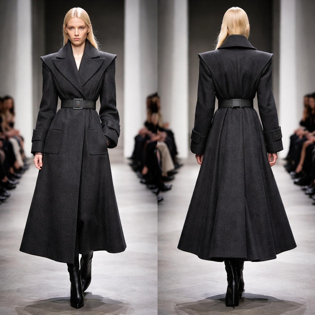 Creating a Tilda-Adapted Coat based on your design concept involves integrating specific elements into a cohesive garment. Here’s a detailed design outline based on your requirements:
### Design Concept for Tilda-Adapted Coat
#### Silhouette
- **Structure**:
- **Shoulders**: Structured with an extended width to enhance the silhouette and provide a bold appearance.
- **Body**: Semi-straight cut with minimal waist suppression for a relaxed yet tailored fit.
- **A-line Sweep**: Controlled A-line shape starting from the hip, allowing for ease of movement while maintaining elegance.
- **Length**: Mid-calf for a classic and sophisticated look.
- **Belt**: Optional architectural belt that ties into the overall design, providing versatility.
#### Closures
- **Placket**: Concealed placket to maintain a clean vertical line, enhancing the coat's streamlined appearance.
- **Fasteners**:
- Hidden snaps or internal buttons for a seamless finish.
- A wide, structured belt with a geometric buckle to add a modern touch.
#### Collar
- **Design**: Enlarged sculptural notched collar with sharp angles for a dramatic effect.
- **Interfacing**: Firm interfacing to ensure the collar stands well and maintains its shape.
#### Sleeves
- **Structure**:
- Strong sleeve head to provide a structured look.
- Slightly elongated length for a contemporary feel.
- **Cuffs**: Deep turned-back cuffs, with an optional contrast lining for added visual interest.
#### Pockets
- **Style**:
- Oversized rectangular patch pockets with sharp corners.
- Positioned slightly lower to modernize proportions and maintain functionality.
#### Fabric Direction
- **Material**: Heavy wool melton or bonded wool to ensure warmth and structure.
- **Pattern**:
- Options for a large graphic plaid or a solid charcoal/black to suit various aesthetics.
- Preference for a matte texture to enhance the coat's sophisticated look.
### Key Features Summary
- **Silhouette**: Structured shoulders, semi-straight body, mid-calf length.
- **Closures**: Concealed placket, hidden fasteners, architectural belt.
- **Collar**: Sculptural notched collar with sharp angles.
- **Sleeves**: Strong sleeve head, elongated with optional contrast cuffs.
- **Pockets**: Oversized, positioned lower for modern proportion.
- **Fabric**: Heavy wool melton, large plaid or solid color, matte finish.
This design captures the essence of modern elegance while drawing inspiration from classic tailoring. Would you like to explore specific fabric options or color palettes for this coat?
Creating a Tilda-Adapted Coat based on your design concept involves integrating specific elements into a cohesive garment. Here’s a detailed design outline based on your requirements:
### Design Concept for Tilda-Adapted Coat
#### Silhouette
- **Structure**:
- **Shoulders**: Structured with an extended width to enhance the silhouette and provide a bold appearance.
- **Body**: Semi-straight cut with minimal waist suppression for a relaxed yet tailored fit.
- **A-line Sweep**: Controlled A-line shape starting from the hip, allowing for ease of movement while maintaining elegance.
- **Length**: Mid-calf for a classic and sophisticated look.
- **Belt**: Optional architectural belt that ties into the overall design, providing versatility.
#### Closures
- **Placket**: Concealed placket to maintain a clean vertical line, enhancing the coat's streamlined appearance.
- **Fasteners**:
- Hidden snaps or internal buttons for a seamless finish.
- A wide, structured belt with a geometric buckle to add a modern touch.
#### Collar
- **Design**: Enlarged sculptural notched collar with sharp angles for a dramatic effect.
- **Interfacing**: Firm interfacing to ensure the collar stands well and maintains its shape.
#### Sleeves
- **Structure**:
- Strong sleeve head to provide a structured look.
- Slightly elongated length for a contemporary feel.
- **Cuffs**: Deep turned-back cuffs, with an optional contrast lining for added visual interest.
#### Pockets
- **Style**:
- Oversized rectangular patch pockets with sharp corners.
- Positioned slightly lower to modernize proportions and maintain functionality.
#### Fabric Direction
- **Material**: Heavy wool melton or bonded wool to ensure warmth and structure.
- **Pattern**:
- Options for a large graphic plaid or a solid charcoal/black to suit various aesthetics.
- Preference for a matte texture to enhance the coat's sophisticated look.
### Key Features Summary
- **Silhouette**: Structured shoulders, semi-straight body, mid-calf length.
- **Closures**: Concealed placket, hidden fasteners, architectural belt.
- **Collar**: Sculptural notched collar with sharp angles.
- **Sleeves**: Strong sleeve head, elongated with optional contrast cuffs.
- **Pockets**: Oversized, positioned lower for modern proportion.
- **Fabric**: Heavy wool melton, large plaid or solid color, matte finish.
This design captures the essence of modern elegance while drawing inspiration from classic tailoring. Would you like to explore specific fabric options or color palettes for this coat?, runway style, show front and back