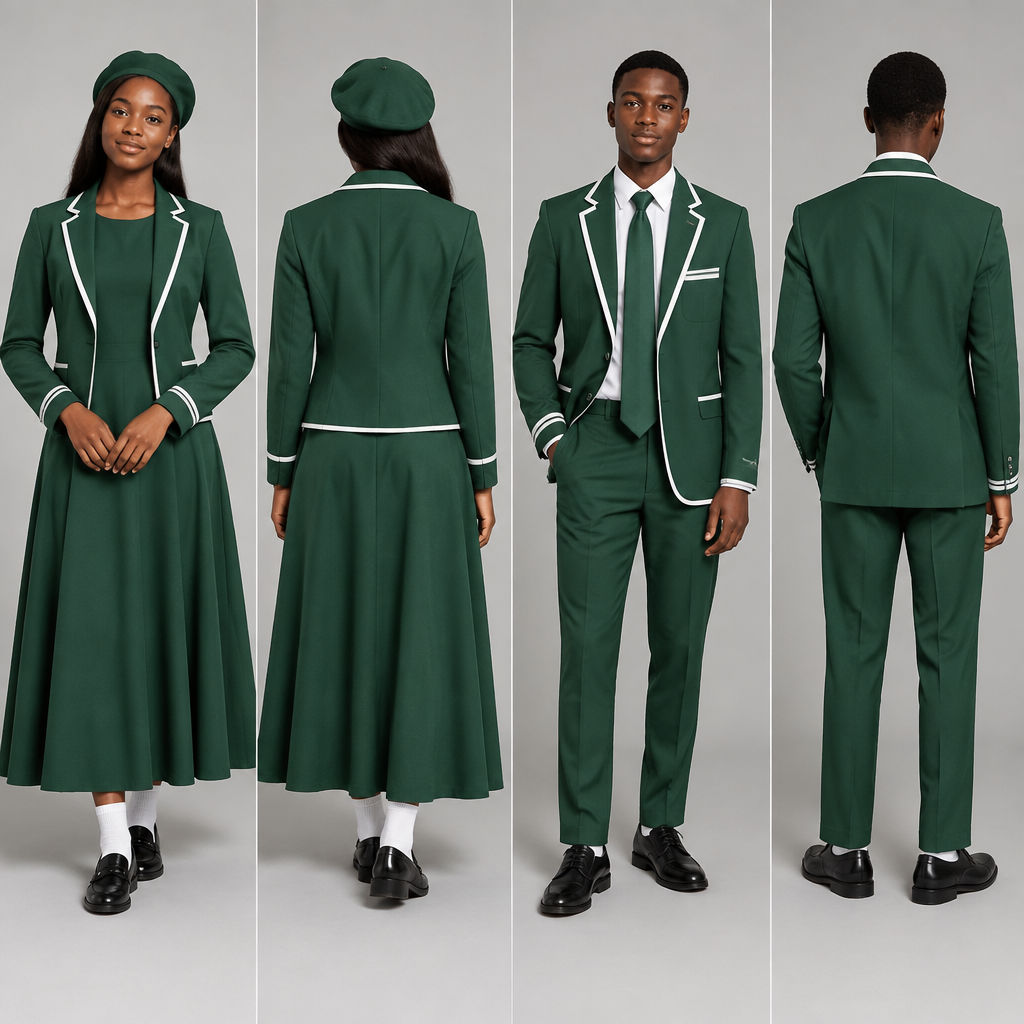 Design a green baseball jacket with white accents.Use black teenagers as models.
A green fit and flare dress,covering chest area,almost reaching ankles,green barrett and white socks for the female.
A green relaxed trouser reaching ankles,white shirt,green tie and white socks for the male.
Nice black school shoes for both.. Design with modest coverage. Present it as professional fashion catalogue photography: the garment is the subject, shown full-length with editorial styling, neutral posing and tasteful, non-suggestive framing.
photorealistic fashion design, Design a green baseball jacket with white accents.Use black teenagers as models.
A green fit and flare dress,covering chest area,almost reaching ankles,green barrett and white socks for the female.
A green relaxed trouser reaching ankles,white shirt,green tie and white socks for the male.
Nice black school shoes for both.. Design with modest coverage. Present it as professional fashion catalogue photography: the garment is the subject, shown full-length with editorial styling, neutral posing and tasteful, non-suggestive framing., just the design no text, show front and back