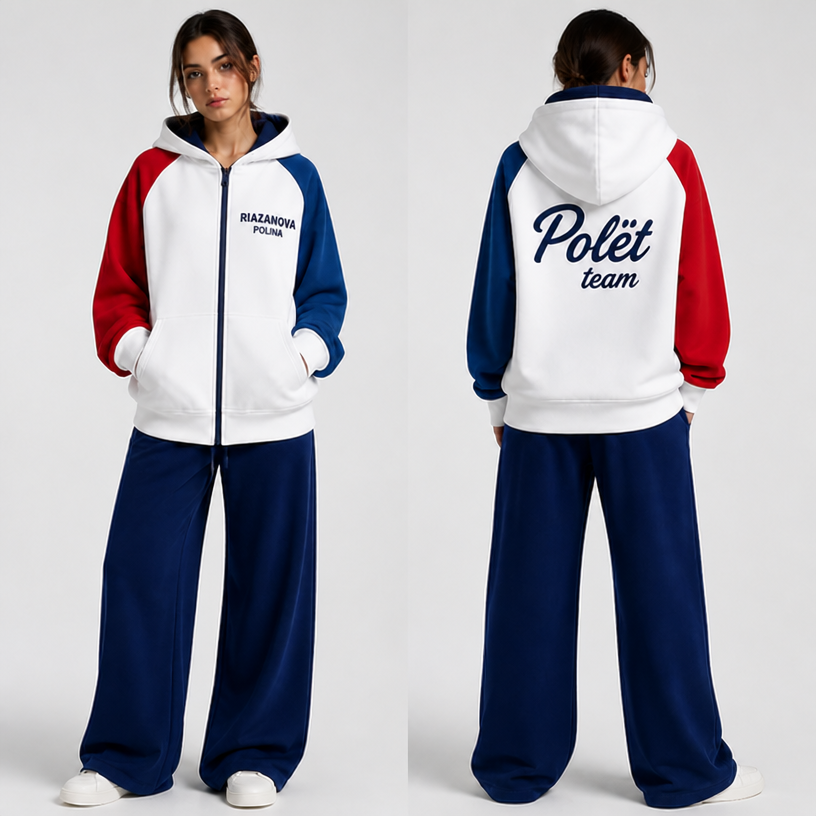 Fix sleeve colors:
Change sleeves back to the original color-blocking design:
· Left sleeve: red (#D52B1E)
· Right sleeve: navy blue (#0033A0)
· OR both sleeves: combination of red and blue panels (split or striped along the sleeve)
Do NOT make sleeves white. They must be bold red and navy blue, matching the previous versions.
Keep everything else unchanged:
· Jacket body: white
· Zipper: navy blue
· Cuffs and hem: solid white (NO stripes)
· Front text: RIAZANOVA (large) + POLINA (smaller below) — navy, straight horizontal
· Back print: Polët (large, centered) + team (smaller, below, shifted right under "l") — navy
· Pants: navy, wide-leg, extended length
· Hood: oversized with navy inner lining
· Kangaroo pocket: white or navy
Priority: sleeves MUST be red and navy blue, NOT white.
edit the attached fashion design with these instructions: Fix sleeve colors:
Change sleeves back to the original color-blocking design:
· Left sleeve: red (#D52B1E)
· Right sleeve: navy blue (#0033A0)
· OR both sleeves: combination of red and blue panels (split or striped along the sleeve)
Do NOT make sleeves white. They must be bold red and navy blue, matching the previous versions.
Keep everything else unchanged:
· Jacket body: white
· Zipper: navy blue
· Cuffs and hem: solid white (NO stripes)
· Front text: RIAZANOVA (large) + POLINA (smaller below) — navy, straight horizontal
· Back print: Polët (large, centered) + team (smaller, below, shifted right under "l") — navy
· Pants: navy, wide-leg, extended length
· Hood: oversized with navy inner lining
· Kangaroo pocket: white or navy
Priority: sleeves MUST be red and navy blue, NOT white.. keep it photorealistic, just the design no text