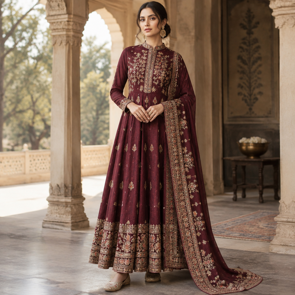 A Female Dress design, with modest, full coverage: longer hemlines, higher necklines and covered shoulders, suitable for Fall. Consider Indian fashion aesthetics — consider saree, lehenga, salwar kameez, kurti, anarkali; local fabrics like chanderi, banarasi, chikankari, block prints; vibrant colors and rich embroidery. Current season is Autumn in India. Present it as professional fashion catalogue photography: the garment is the subject, shown full-length with editorial styling, neutral posing and tasteful, non-suggestive framing.
photorealistic fashion design, A Female Dress design, with modest, full coverage: longer hemlines, higher necklines and covered shoulders, suitable for Fall. Consider Indian fashion aesthetics — consider saree, lehenga, salwar kameez, kurti, anarkali; local fabrics like chanderi, banarasi, chikankari, block prints; vibrant colors and rich embroidery. Current season is Autumn in India. Present it as professional fashion catalogue photography: the garment is the subject, shown full-length with editorial styling, neutral posing and tasteful, non-suggestive framing., just the design no text