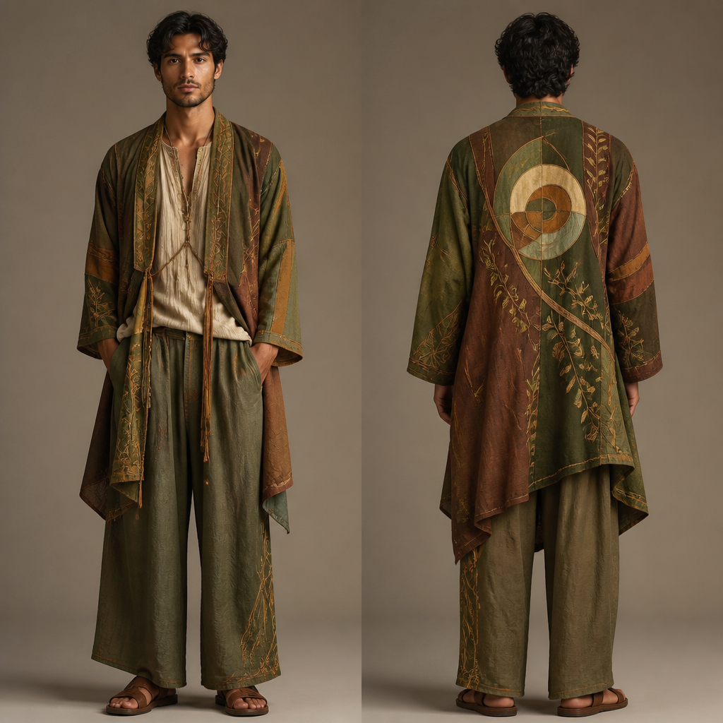 Solarpunk, earthy fall male
photorealistic fashion design, Solarpunk, earthy fall male, bohemian style, just the design no text, show front and back
