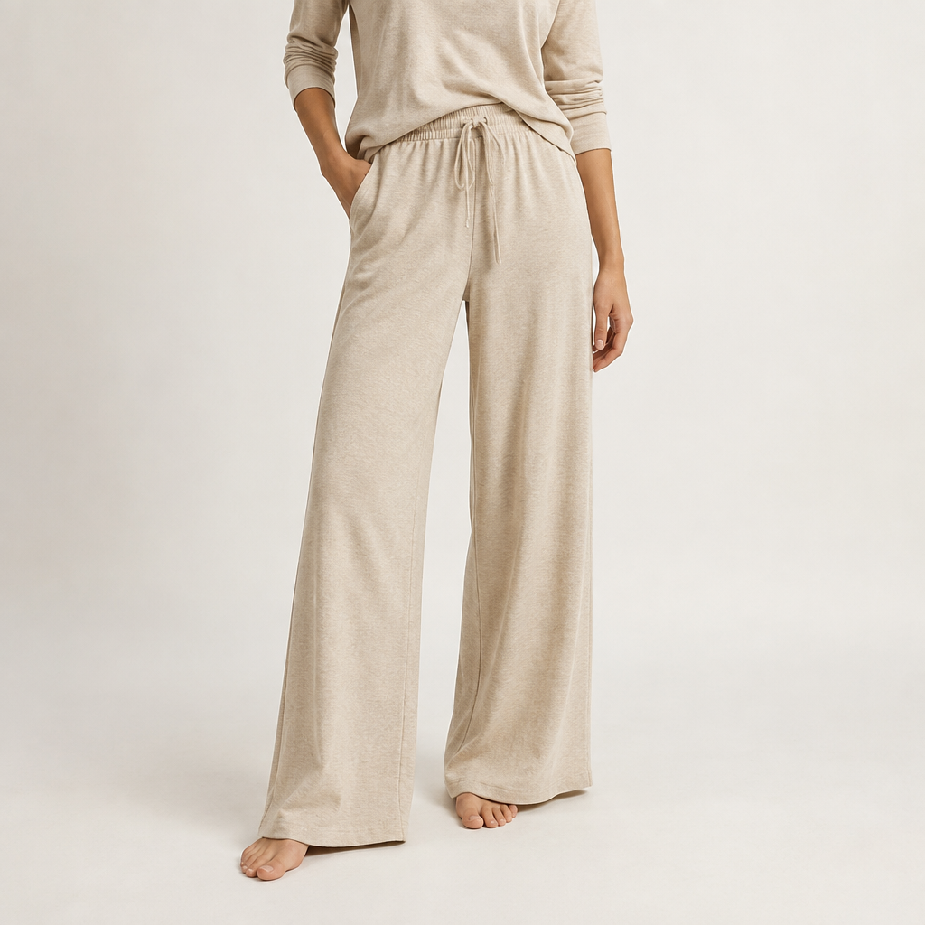 cozy homewear loungewear wide trouser soft natural fabric beige for women
photorealistic fashion design, cozy homewear loungewear wide trouser soft natural fabric beige for women, minimalist style, just the design no text