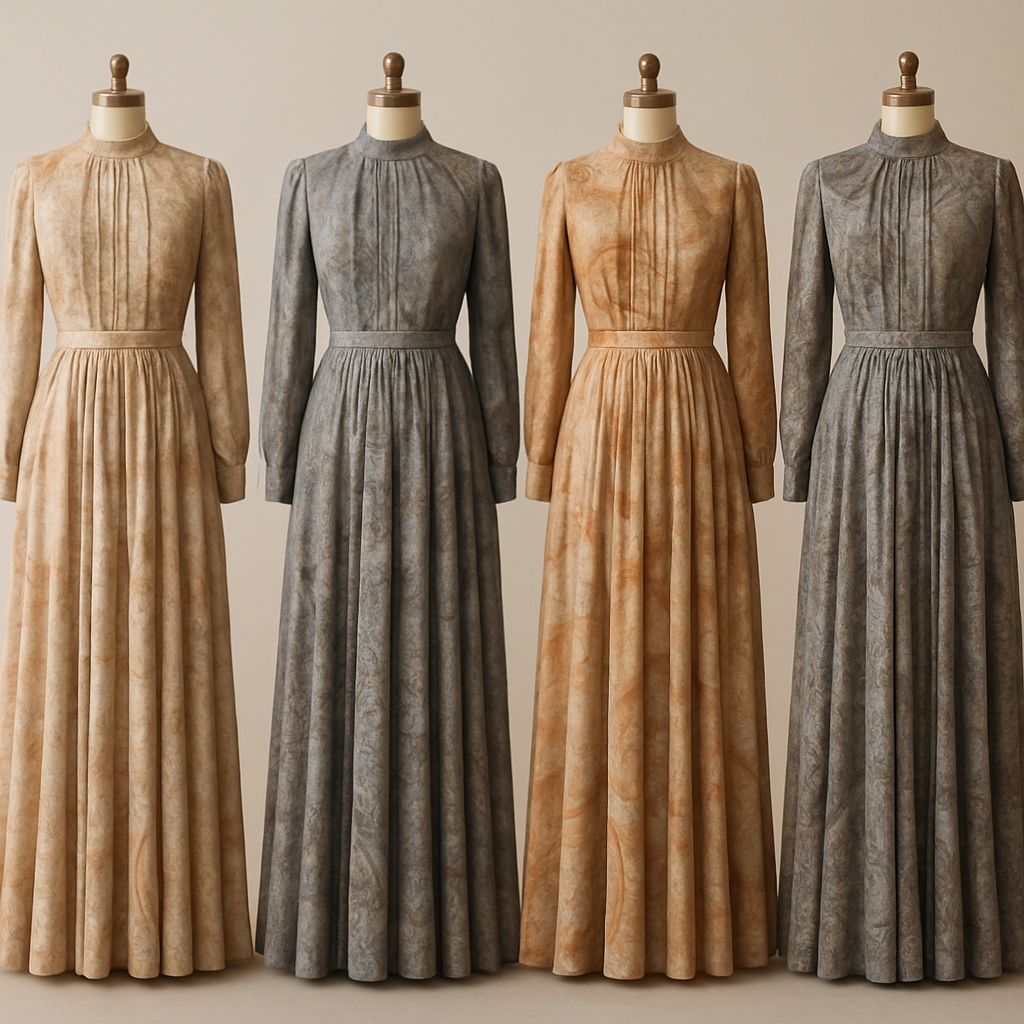 Create a modest two-piece long dress and shirt using symmetric pleat and silk, the first of its kind, featuring a unique stone design that exudes a classy and sophisticated vibe. I'd like four designs, each showcasing different styles and fabrics. Incorporate high-end, unique chic stone designs to make them truly special. Add little sophisticated stone designs.

Create a modest two-piece long dress and shirt using symmetric pleat and silk, the first of its kind, featuring a unique stone design that exudes a classy and sophisticated vibe. I'd like four designs, each showcasing different styles and fabrics. Incorporate high-end, unique chic stone designs to make them truly special. Add little sophisticated stone designs.