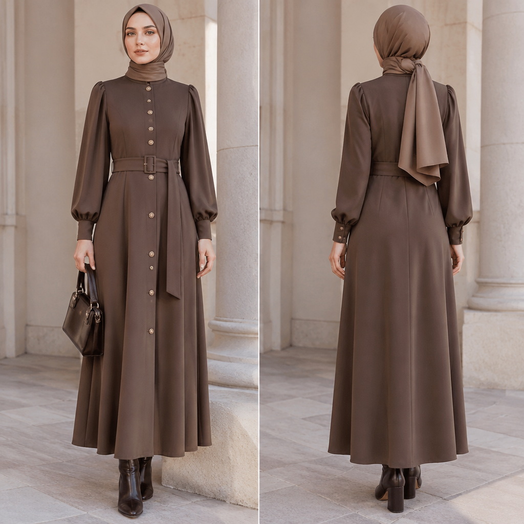A Female Dress design, with modest, full coverage: longer hemlines, higher necklines and covered shoulders, suitable for Fall, in Business style. Turkey fashion aesthetics. Present it as professional fashion catalogue photography: the garment is the subject, shown full-length with editorial styling, neutral posing and tasteful, non-suggestive framing.
photorealistic fashion design, A Female Dress design, with modest, full coverage: longer hemlines, higher necklines and covered shoulders, suitable for Fall, in Business style. Turkey fashion aesthetics. Present it as professional fashion catalogue photography: the garment is the subject, shown full-length with editorial styling, neutral posing and tasteful, non-suggestive framing., business style, just the design no text