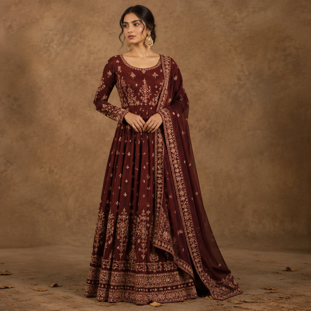 A Dress design, suitable for Fall. Consider Indian fashion aesthetics — consider saree, lehenga, salwar kameez, kurti, anarkali; local fabrics like chanderi, banarasi, chikankari, block prints; vibrant colors and rich embroidery. Current season is Autumn in India. Present it as professional fashion catalogue photography: the garment is the subject, shown full-length with editorial styling, neutral posing and tasteful, non-suggestive framing.
photorealistic fashion design, A Dress design, suitable for Fall. Consider Indian fashion aesthetics — consider saree, lehenga, salwar kameez, kurti, anarkali; local fabrics like chanderi, banarasi, chikankari, block prints; vibrant colors and rich embroidery. Current season is Autumn in India. Present it as professional fashion catalogue photography: the garment is the subject, shown full-length with editorial styling, neutral posing and tasteful, non-suggestive framing., just the design no text