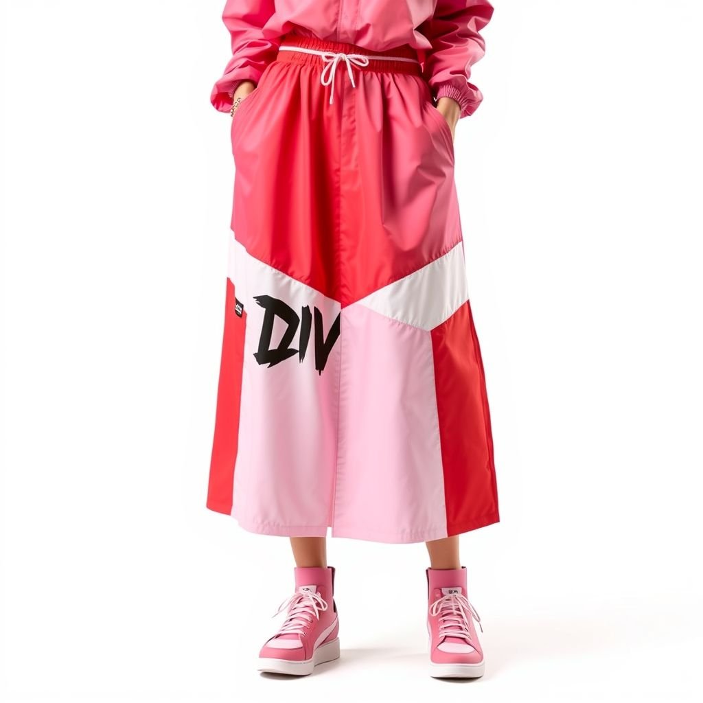 Streetrush women’s Street Sporty Academy Style, Street Hip-Hop Oversized midi skirt. These baby pink And red Color-Block Design, windbreaker material skirt. Feature Multiple Stripes, white and baby pink Paneling Design, And Front And Back Pattern Designs, Along With A Creative Double Waistband. They Are Suitable For All-Season Wear, Embody Street Rock Aesthetics, And Are Perfect For Music Festivals And Everyday Outfits. This Style Reflects Y2K Streetwear , Women’s Two-Tone Outdoor Sports , Chicago Jersey , Streetwear , Streetwear skirt. Put “DV” somewhere on it. Create me a logo for my brand “Da’Vine” and put it up there also
Design a women’s oversized midi skirt in a vibrant baby pink and bold red color-blocked windbreaker fabric, inspired by Y2K streetwear. It should feature dynamic multiple stripes, playful white and pink paneling, and artistic front and back patterns. Include a unique double waistband for flair. Perfect for music festivals and casual outings, each piece should embody urban aesthetics. Integrate a subtle "DV" emblem and create a striking logo for “Da’Vine,” using a graffiti-inspired font, to enhance its street-culture appeal. Emphasize a versatile, all-season appeal suitable for the modern streetwear enthusiast.