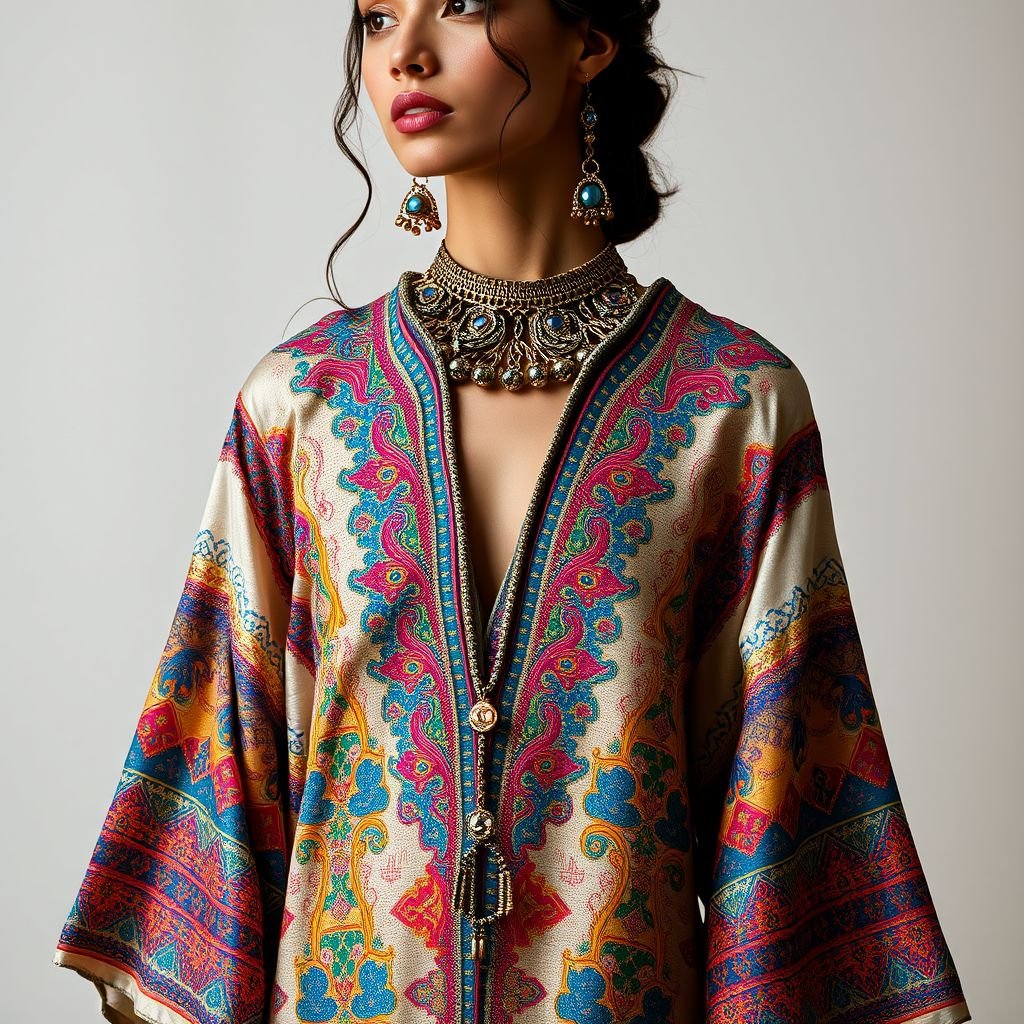 clothes innovative materials Arab and Indian cultures
Design a stunning collection that fuses innovative, sustainable materials with the rich textiles of Arab and Indian cultures. Incorporate intricate embroidery with holographic threads, flowing silhouettes inspired by traditional kaftans, and vibrant colors. Highlight accessories featuring geometric patterns and recycled metals, creating a harmonious blend of contemporary and cultural elegance.