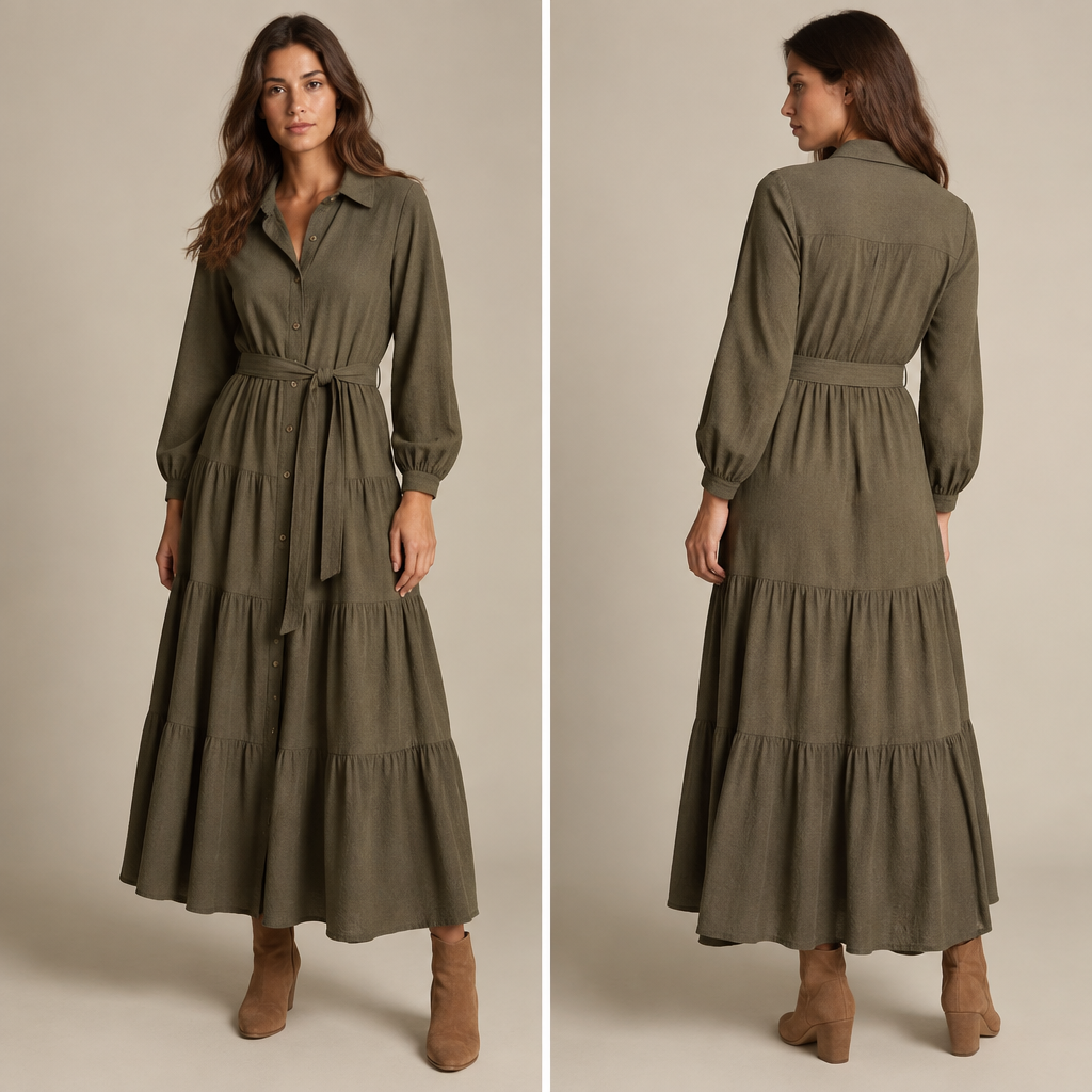 A Female Dress design, suitable for Fall. Consider Israeli fashion — Mediterranean casual, startup chic, modest fashion innovation, desert-practical. Current season is Autumn in Israel. Present it as professional fashion catalogue photography: the garment is the subject, shown full-length with editorial styling, neutral posing and tasteful, non-suggestive framing.
photorealistic fashion design, A Female Dress design, suitable for Fall. Consider Israeli fashion — Mediterranean casual, startup chic, modest fashion innovation, desert-practical. Current season is Autumn in Israel. Present it as professional fashion catalogue photography: the garment is the subject, shown full-length with editorial styling, neutral posing and tasteful, non-suggestive framing., just the design no text