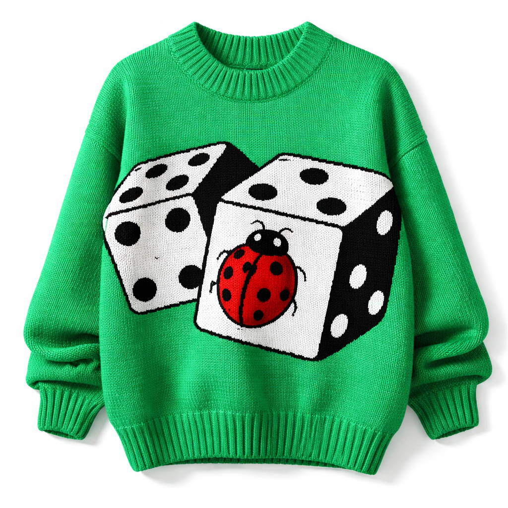 a bright green chunky sweater with big black and white dice. draw a cute red ladybug on one of the faces of one of the die. only one. draw the sweater only. no background or model.
Eighties fashion design: Eighties chunky knit sweater, bright green. Loose fit, boxy silhouette. Black and white dice graphic, one large dice face features a red ladybug. Ribbed collar, cuffs, and hem. Cotton knit.