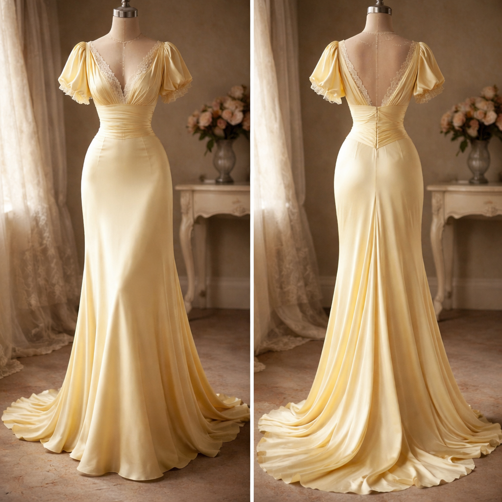 For a 1900s-inspired silk maxi, we’re aiming for that transition from the structured Victorian era into the softer, more fluid "S-bend" silhouette of the early Edwardian period. Use a heavyweight silk satin or silk crepe de chine. You want a "liquid" drape that has enough weight to hold its shape at the floor but remains luminous in butter yellow. A soft, pearlescent luster rather than a high-gloss synthetic shine. Set the Empire waist just under the bust, but use a wide, inset waistband (about 3-4 inches) to bridge the gap between the bust and the natural waist. This mimics the high-waisted "Directoire" revival popular in 1900–1905. A floor-length maxi cut on the bias. It should fit smoothly over the hips and flare out into a subtle "trumpet" or "bell" shape at the hem. If you want true 1900s drama, add a tiny brush train at the back. A deep V-shape, but to keep it period-accurate, consider an "illusion" V. You could have a structured V-neck outer layer with a delicate, sheer cream lace insert (a "chemisette") peeking through. Incorporate pigeon-breast (blouson) styling. The silk should softly drape or "overhang" slightly at the empire seam to create that iconic forward-leaning Edwardian volume.
For a 1900s-inspired silk maxi, we’re aiming for that transition from the structured Victorian era into the softer, more fluid "S-bend" silhouette of the early Edwardian period. Use a heavyweight silk satin or silk crepe de chine. You want a "liquid" drape that has enough weight to hold its shape at the floor but remains luminous in butter yellow. A soft, pearlescent luster rather than a high-gloss synthetic shine. Set the Empire waist just under the bust, but use a wide, inset waistband (about 3-4 inches) to bridge the gap between the bust and the natural waist. This mimics the high-waisted "Directoire" revival popular in 1900–1905. A floor-length maxi cut on the bias. It should fit smoothly over the hips and flare out into a subtle "trumpet" or "bell" shape at the hem. If you want true 1900s drama, add a tiny brush train at the back. A deep V-shape, but to keep it period-accurate, consider an "illusion" V. You could have a structured V-neck outer layer with a delicate, sheer cream lace insert (a "chemisette") peeking through. Incorporate pigeon-breast (blouson) styling. The silk should softly drape or "overhang" slightly at the empire seam to create that iconic forward-leaning Edwardian volume.
, show front and back