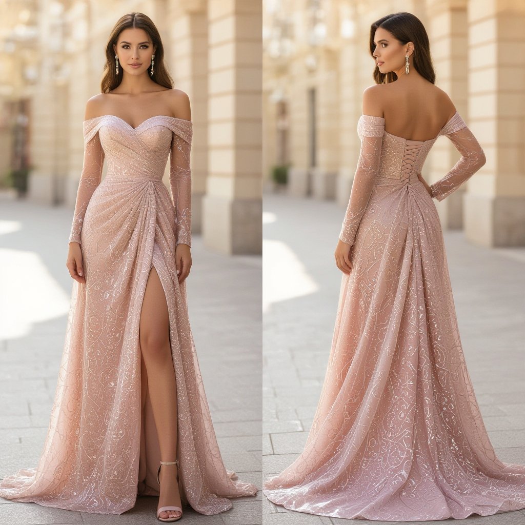 Matric ball dress design sweet heart neckline off shoulder long sleeve full length and a train
Glamorous fashion: Glamorous matric ball dress, sweetheart neckline, off-shoulder long sleeves, full-length, train. Embellished with sequins, a high slit, and a draped silhouette.