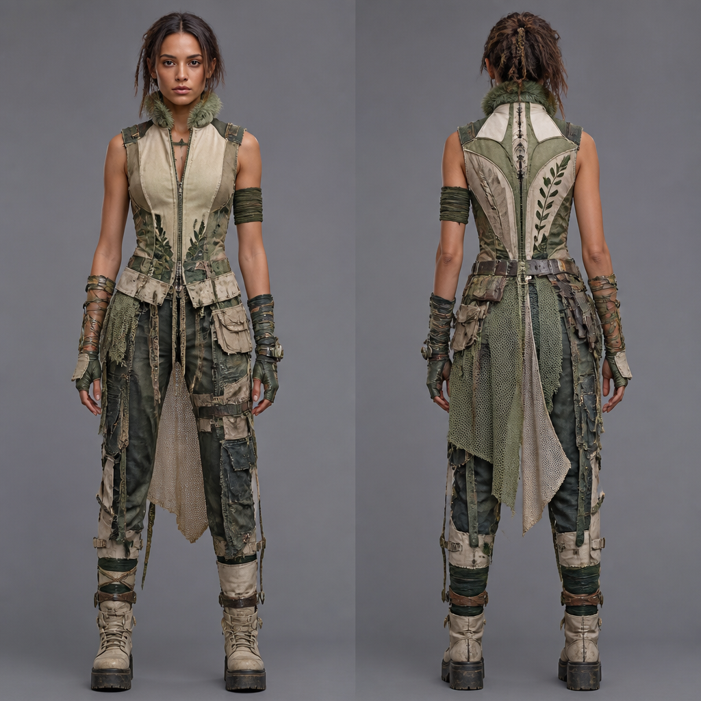 Solarpunk, earthy
photorealistic fashion design, Solarpunk, earthy , punk style, just the design no text, show front and back