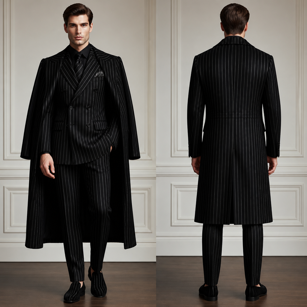 Men’s double breasted pinstriped black /silver ,black suede pinstriped shoes , black pinstriped matching long coat to match and matching pinstriped tie .
photorealistic fashion design, Men’s double breasted pinstriped black /silver ,black suede pinstriped shoes , black pinstriped matching long coat to match and matching pinstriped tie . , elegant style, just the design no text, show front and back