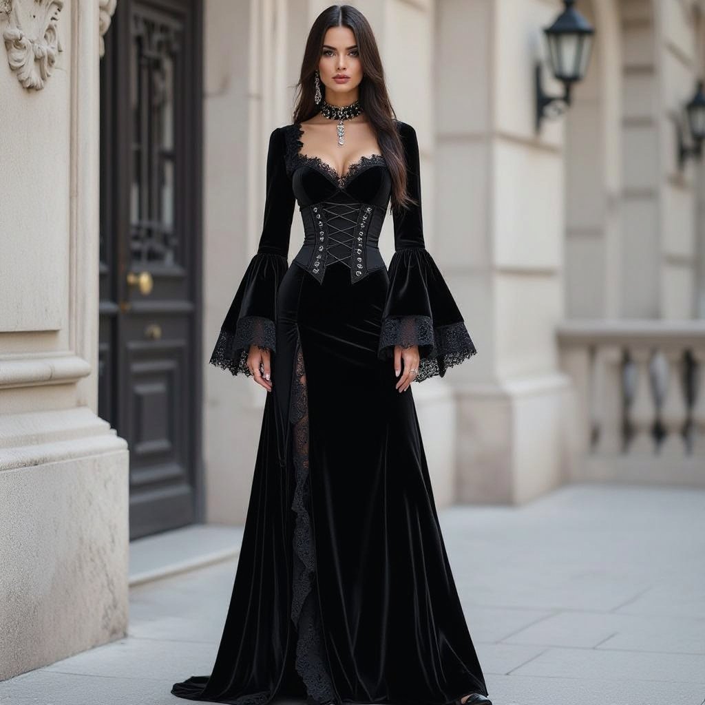 Long maxi woth black colour
Gothic fashion: Long black maxi dress, velvet, lace, corset, bell sleeves, silver accents.