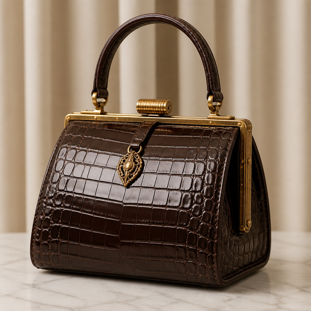 A vintage-inspired crocodile leather handbag with a rigid frame construction, antique gold details, and a refined top handle. Designed to evoke old-world Parisian glamour while maintaining contemporary functionality.
photorealistic fashion design, A vintage-inspired crocodile leather handbag with a rigid frame construction, antique gold details, and a refined top handle. Designed to evoke old-world Parisian glamour while maintaining contemporary functionality., just the design no text