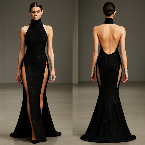 the dress is going to be black with gold thread. A backless and strapless and sleeveless turtleneck, it’s fitted and at the hips there’s two long open pieces which show off a hip window with gold chains that show from both front and back, it also has a mermaid skirt at the bottom.