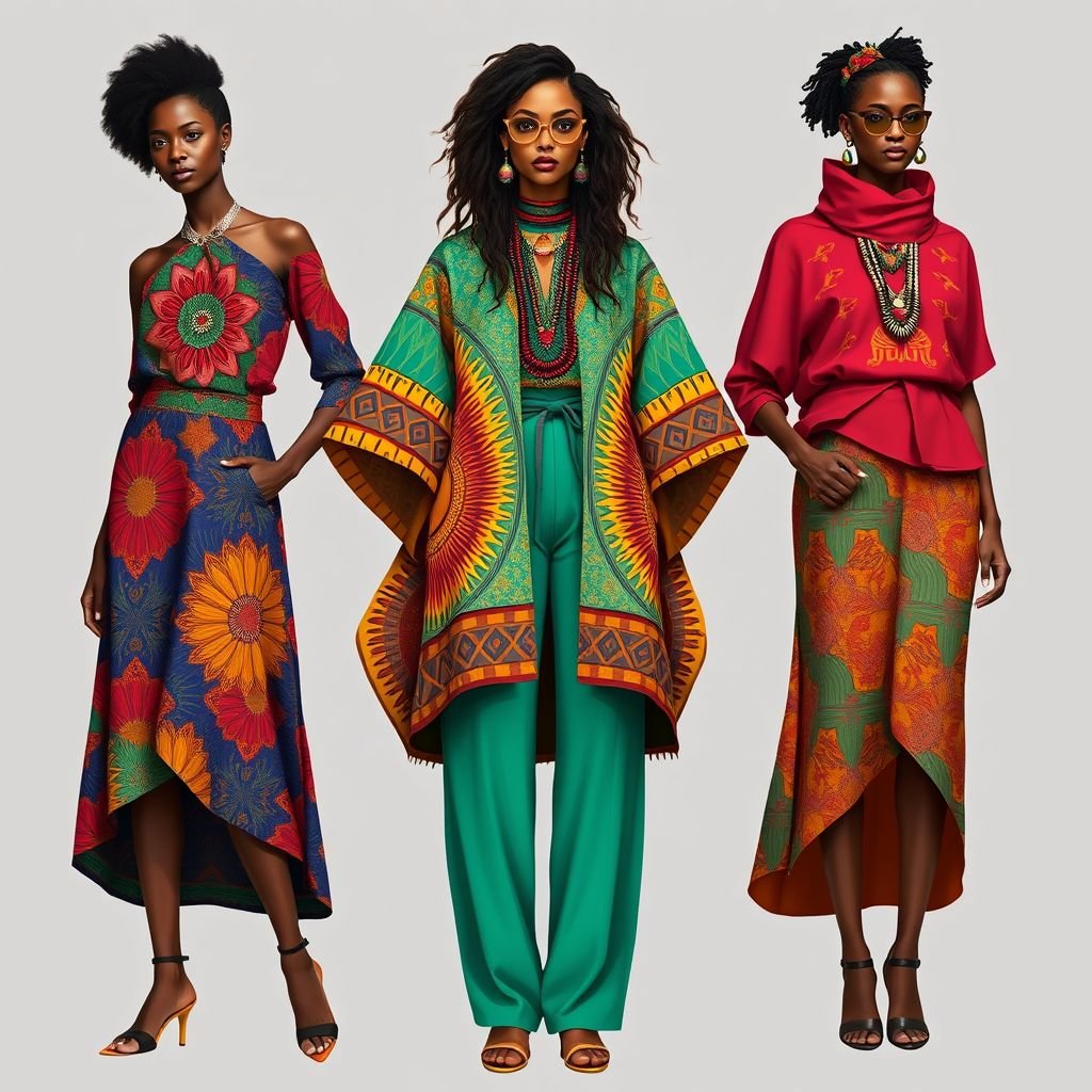 Africain
Design a vibrant, modern African-inspired collection featuring bold prints and earthy tones. Incorporate flowing silhouettes with layered textures, showcasing intricate beadwork and handwoven fabrics. Emphasize versatility with garments transitioning from casual to elegant. Integrate traditional patterns reimagined in contemporary cuts, celebrating cultural heritage while embracing global fashion trends.